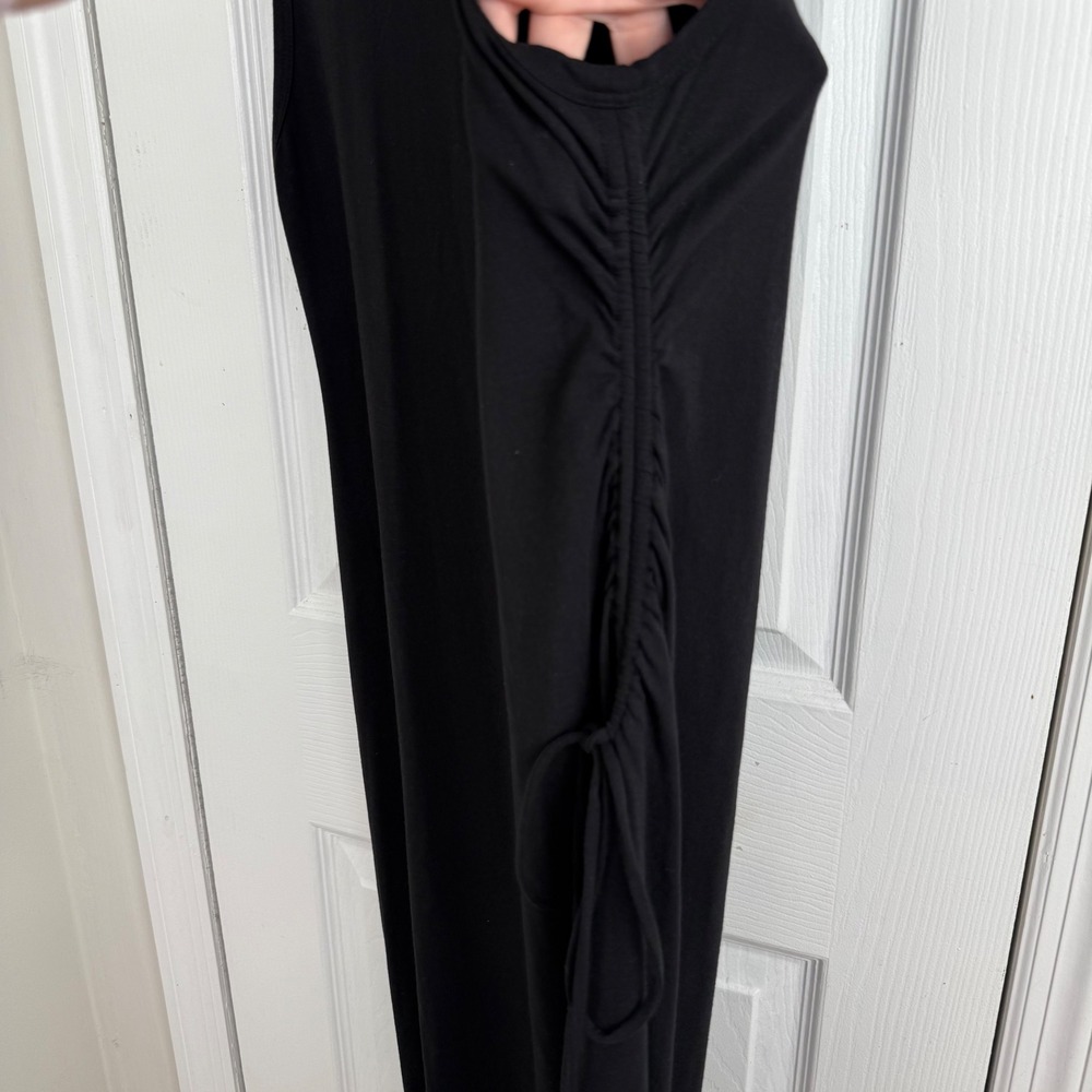 Theory Black Sleeveless Ruched Side Midi Dress L Stretchy Bodycon Classic Chic - Picture 6 of 9